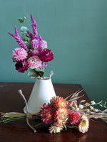 dried flower arrangements in locally made white vase at Gettysburg flower shop locaflora